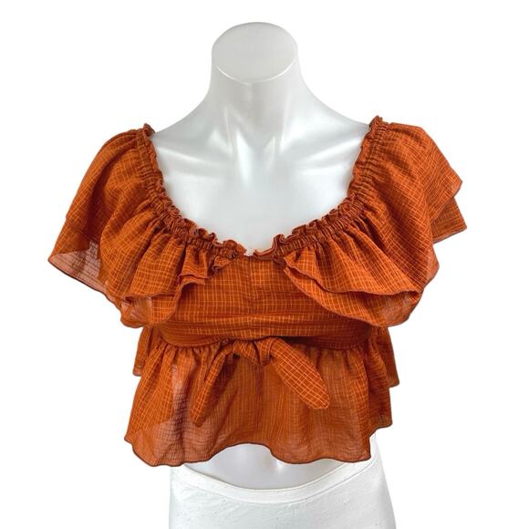 Zara Brown Off The Shoulder Short Sleeve Ruffle Plaid Peplum Crop Top Size S - Picture 1 of 4